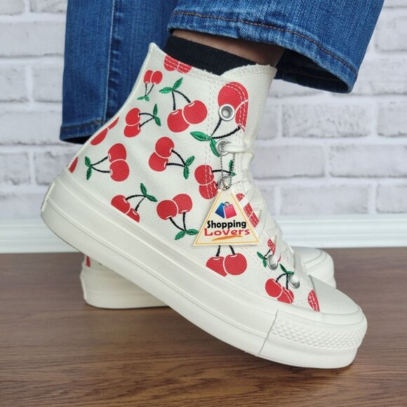 ⭐Converse Ctas Lift Platform Cherries Sz 7 Women Shoes Egret Red Sneaker A08096C - Picture 2 of 11